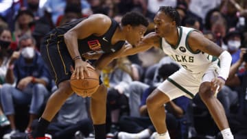 Kyle Lowry #7 of the Miami Heat is defended by Javonte Smart #6 of the Milwaukee Bucks(Photo by Michael Reaves/Getty Images)