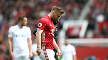 MANCHESTER, ENGLAND - APRIL 30: Luke Shaw of Manchester United looks dejected as he is forced off with a injury during the Premier League match between Manchester United and Swansea City at Old Trafford on April 30, 2017 in Manchester, England. (Photo by Jan Kruger/Getty Images)