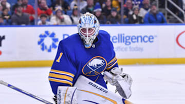 Jan 16, 2023; Buffalo, New York, USA; Buffalo Sabres goalie Ukko-Pekka Luukkonen (1) reacts to a puck that went wide of the goal in the first period game against the Florida Panthers at KeyBank Center. Mandatory Credit: Mark Konezny-USA TODAY Sports
