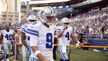 Aug 25, 2016; Seattle, WA, USA; Dallas Cowboys quarterback Tony Romo (9) walks off the field after warming up before the start of a preseason game against the Seattle Seahawks at CenturyLink Field. Mandatory Credit: Troy Wayrynen-USA TODAY Sports