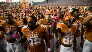 AUSTIN, TX - OCTOBER 29: The Texas Longhorns celebrate after defeating the Baylor Bears on October 29, 2016 at Darrell K Royal-Texas Memorial Stadium in Austin, Texas. (Photo by Cooper Neill/Getty Images)