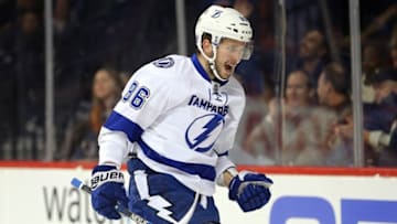 Nov 1, 2016; Brooklyn, NY, USA; Tampa Bay Lightning right wing Nikita Kucherov (86) celebrates his goal against the New York Islanders during the first period at Barclays Center. Mandatory Credit: Brad Penner-USA TODAY Sports