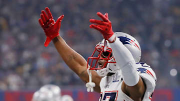 J.C. Jackson #27 of the New England Patriots celebrates in the second half during Super Bowl LIII against the Los Angeles Rams at Mercedes-Benz Stadium on February 3, 2019 in Atlanta, Georgia. (Photo by Kevin C. Cox/Getty Images)