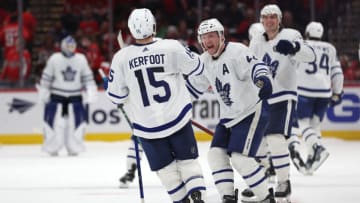 WASHINGTON, DC - APRIL 24: Alexander Kerfoot #15 of the Toronto Maple Leafs celebrates after defeating the Washington Capitals in a shootout at Capital One Arena on April 24, 2022 in Washington, DC. (Photo by Patrick Smith/Getty Images)