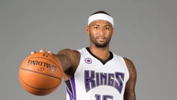 Sep 26, 2014; Sacramento, CA, USA; Sacramento Kings center DeMarcus Cousins (15) during media day at the Sacramento Kings practice facility. Mandatory Credit: Kelley L Cox-USA TODAY Sports