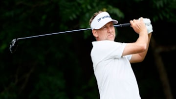 FORT WORTH, TEXAS - MAY 30: Ian Poulter of England hits his tee shot on the sixth hole during the final round of the Charles Schwab Challenge at Colonial Country Club on May 30, 2021 in Fort Worth, Texas. (Photo by Tom Pennington/Getty Images)
