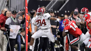ATLANTA, GA - JANUARY 08: Alabama Crimson Tide running back Damien Harris (34) during the College Football Playoff National Championship Game between the Alabama Crimson Tide and the Georgia Bulldogs on January 8, 2018 at Mercedes-Benz Stadium in Atlanta, GA. (Photo by Michael Wade/Icon Sportswire via Getty Images)