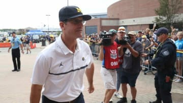 Michigan coach Jim Harbaugh arrives before the game against Western Michigan on Saturday, Sept. 4, 2021, in Ann Arbor.Mich West