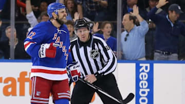 May 2, 2015; New York, NY, USA; New York Rangers defenseman Dan Boyle (22) celebrates after scoring a goal against the Washington Capitals during the first period in game two of the second round of the 2015 Stanley Cup Playoffs at Madison Square Garden. Mandatory Credit: Adam Hunger-USA TODAY Sports