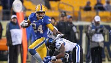 Nov 19, 2016; Pittsburgh, PA, USA; Pittsburgh Panthers running back James Conner (24) rushes the ball against Duke Blue Devils safety Deondre Singleton (33) during the third quarter at Heinz Field. PITT won 56-14. Mandatory Credit: Charles LeClaire-USA TODAY Sports