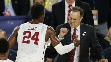 Apr 2, 2016; Houston, TX, USA; Oklahoma Sooners head coach Lon Kruger and guard Buddy Hield (24) react during the second half in the 2016 NCAA Men