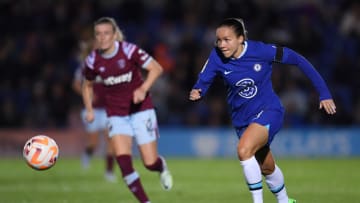 KINGSTON UPON THAMES, ENGLAND - SEPTEMBER 28: Guro Reiten of Chelsea runs with the ball during the FA Women's Super League match between Chelsea and West Ham United at Stamford Bridge on September 28, 2022 in London, United Kingdom. (Photo by Alex Burstow/Getty Images)