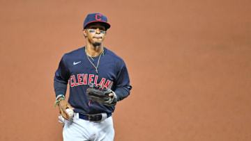 CLEVELAND, OHIO - JULY 24: Francisco Lindor #12 of the Cleveland Indians during the seventh inning of the Opening Day game against the Kansas City Royals at Progressive Field on July 24, 2020 in Cleveland, Ohio. The Indians defeated the Royals 2-0. The 2020 season had been postponed since March due to the COVID-19 pandemic. (Photo by Jason Miller/Getty Images)