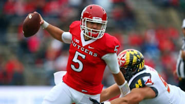 Nov 28, 2015; Piscataway, NJ, USA; Rutgers Scarlet Knights quarterback Chris Laviano (5) runs with the ball during the first half of their game against the Maryland Terrapins at High Points Solutions Stadium. Mandatory Credit: Ed Mulholland-USA TODAY Sports