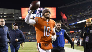 CHICAGO, IL - NOVEMBER 18: Chicago Bears quarterback Mitchell Trubisky (10) runs off the field with the football as he celebrate with fans after game action of a NFL game between the Chicago Bears and the Minnesota Vikings on November 18, 2018 at Soldier Field, in Chicago, Illinois. (Photo by Robin Alam/Icon Sportswire via Getty Images)