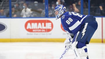Jul 7, 2021; Tampa, Florida, USA; Tampa Bay Lightning goaltender Andrei Vasilevskiy (88) looks on during the first period against the Montreal Canadiens in game five of the 2021 Stanley Cup Final at Amalie Arena. Mandatory Credit: Kim Klement-USA TODAY Sports