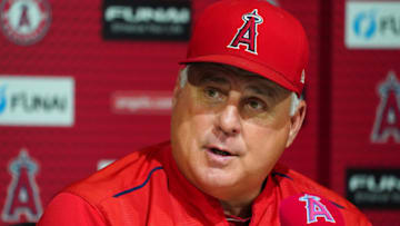 ANAHEIM, CA - JULY 08: Manager Mike Scioscia of the Los Angeles Angels of Anaheim answers a question at a press conference after his team's game against the Los Angeles Dodgers at Angel Stadium on July 8, 2018 in Anaheim, California. (Photo by Masterpress/Getty Images)