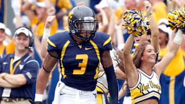 PITTSBURGH, PA - SEPTEMBER 01: Stedman Bailey #3 of the West Virginia Mountaineers celebrates after catching a touchdown pass against the Marshall Thundering Herd during the game on September 1, 2012 at Mountaineer Field in Morgantown, West Virginia. (Photo by Justin K. Aller/Getty Images)