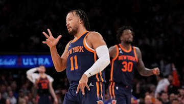 NEW YORK, NEW YORK - FEBRUARY 25: Jalen Brunson #11 of the New York Knicks celebrates after making a three-point shot against the New Orleans Pelicans during the first half at Madison Square Garden on February 25, 2023 in New York City. NOTE TO USER: User expressly acknowledges and agrees that, by downloading and or using this Photograph, user is consenting to the terms and conditions of the Getty Images License Agreement. (Photo by Mike Stobe/Getty Images)
