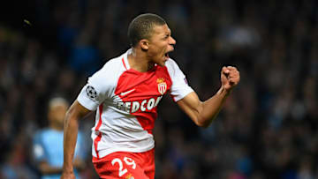 MANCHESTER, ENGLAND - FEBRUARY 21: Kylian Mbappe of AS Monaco celebrates as he scores their second goal during the UEFA Champions League Round of 16 first leg match between Manchester City FC and AS Monaco at Etihad Stadium on February 21, 2017 in Manchester, United Kingdom. (Photo by Stu Forster/Getty Images)