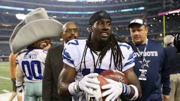 Oct 13, 2013; Arlington, TX, USA; Dallas Cowboys receiver Dwayne Harris (17) celebrates after the game against the Washington Redskins at AT