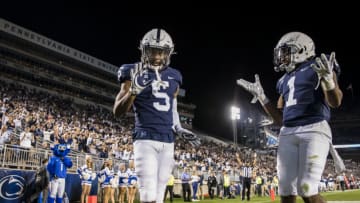 STATE COLLEGE, PA - SEPTEMBER 07: Jahan Dotson #5 of the Penn State Nittany Lions celebrates with KJ Hamler #1 after scoring a touchdown against the Buffalo Bulls during the second half at Beaver Stadium on September 07, 2019 in State College, Pennsylvania. (Photo by Scott Taetsch/Getty Images)