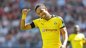 FRANKFURT AM MAIN, GERMANY - MAY 07: Pierre-Emerick Aubameyang of Dortmund gestures during the Bundesliga match between Eintracht Frankfurt and Borussia Dortmund at Commerzbank-Arena on May 07, 2016 in Frankfurt am Main. (Photo by Simon Hofmann/Bongarts/Getty Images)
