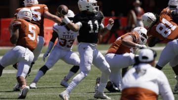 Apr 24, 2021; Austin, Texas, USA; Texas Longhorns Orange quarterback Casey Thompson (11) passes ball in the fourth quarter against the Texas Longhorns White team during the fourth quarter at the Orange-White Texas Spring Game at Darrell K Royal-Texas Memorial Stadium. Mandatory Credit: Scott Wachter-USA TODAY Sports