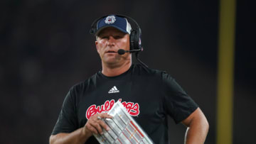Sep 24, 2021; Fresno, California, USA; Fresno State Bulldogs head coach Kalen Deboer stands on the sideline against the UNLV Rebels in the fourth quarter at Bulldog Stadium. Mandatory Credit: Cary Edmondson-USA TODAY Sports