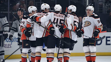 LOS ANGELES, CA - MARCH 23: Sam Steel #34, Cam Fowler #4, Andy Welinski #45, Rickard Rakell #67 and Jakob Silfverberg #33 of the Anaheim Ducks celebrate Fowler's first-period goal during the game against the Los Angeles Kings at STAPLES Center on March 23, 2019 in Los Angeles, California. (Photo by Adam Pantozzi/NHLI via Getty Images)