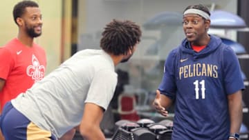 METAIRIE, LA - OCTOBER 16: Jrue Holiday #11 and Jahlil Okafor #8 of the New Orleans Pelicans talk during an all access practice at Ochsner Sports Performance Center in Metairie, Louisiana on October 16, 2019. NOTE TO USER: User expressly acknowledges and agrees that, by downloading and or using this Photograph, user is consenting to the terms and conditions of the Getty Images License Agreement. Mandatory Copyright Notice: Copyright 2018 NBAE (Photo by Layne Murdoch Jr./NBAE via Getty Images)