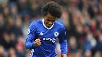 STOKE ON TRENT, ENGLAND - MARCH 18: Willian of Chelsea celebrates as he scores their first goal during the Premier League match between Stoke City and Chelsea at Bet365 Stadium on March 18, 2017 in Stoke on Trent, England. (Photo by Darren Walsh/Chelsea FC via Getty Images)