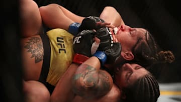 LAS VEGAS, NV - JULY 06: Pannie Kianzad of Sweden defends against Julia Avila in their bantamweight fight during the UFC 239 event at T-Mobile Arena on July 6, 2019 in Las Vegas, Nevada. (Photo by Christian Petersen/Zuffa LLC/Zuffa LLC)