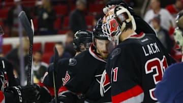 Feb 16, 2016; Raleigh, NC, USA; Carolina Hurricanes forward Jay McClement (18) congratulates goalie Eddie Lack (31) after the game against the Winnipeg Jets at PNC Arena. The Carolina Hurricanes defeated the Winnipeg Jets 2-1. Mandatory Credit: James Guillory-USA TODAY Sports