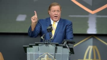 Aug 8, 2015; Canton, OH, USA; Chris Berman emcees the 2015 Pro Football Hall of Fame enshrinement at Tom Benson Hall of Fame Stadium. Mandatory Credit: Kirby Lee-USA TODAY Sports
