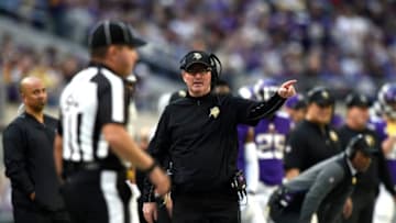 MINNEAPOLIS, MN - DECEMBER 31: Minnesota Vikings head coach lobbies official Hugo Cruz for a facemask call in the third quarter of the game against the Chicago Bears on December 31, 2017 at U.S. Bank Stadium in Minneapolis, Minnesota. (Photo by Hannah Foslien/Getty Images)