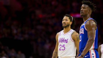 PHILADELPHIA, PA - JANUARY 15: Jimmy Butler #23 of the Philadelphia 76ers and Derrick Rose #25 of the Minnesota Timberwolves. (Photo by Mitchell Leff/Getty Images)