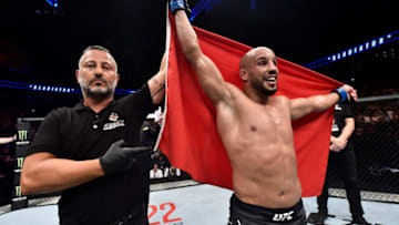 HAMBURG, GERMANY - JULY 22: Abu Azaitar of Germany celebrates after his decision victory over Vitor Miranda of Brazil in their middleweight bout during the UFC Fight Night at Barclaycard Arena on July 22, 2018 in Hamburg, Germany. (Photo by Jeff Bottari/Zuffa LLC/Zuffa LLC via Getty Images)