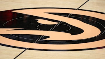 Nov 20, 2019; Atlanta, GA, USA; A general view of the Atlanta Hawks logo at midcourt before a game between the Hawks and the Milwaukee Bucks at State Farm Arena. Mandatory Credit: Jason Getz-USA TODAY Sports