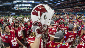 Jan 2, 2017; Arlington, TX, USA; The Wisconsin Badgers players celebrate after defeating the Western Michigan Broncos 24-16 at AT&T Stadium. Mandatory Credit: Jerome Miron-USA TODAY Sports