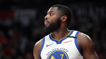 PORTLAND, OREGON - JANUARY 20: Eric Paschall #7 of the Golden State Warriors looks on in the first quarter against the Portland Trail Blazers during their game at Moda Center on January 20, 2020 in Portland, Oregon. NOTE TO USER: User expressly acknowledges and agrees that, by downloading and or using this photograph, User is consenting to the terms and conditions of the Getty Images License Agreement (Photo by Abbie Parr/Getty Images) (Photo by Abbie Parr/Getty Images)