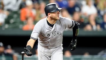 BALTIMORE, MD - AUGUST 06: Austin Romine #28 of the New York Yankees hits a home run in the sixth inning against the Baltimore Orioles at Oriole Park at Camden Yards on August 6, 2019 in Baltimore, Maryland. (Photo by Greg Fiume/Getty Images)