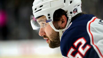 Mar 19, 2023; Las Vegas, Nevada, USA; Columbus Blue Jackets right wing Emil Bemstrom (52) plays during the third period against the Vegas Golden Knights at T-Mobile Arena. Mandatory Credit: Lucas Peltier-USA TODAY Sports