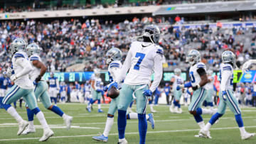 EAST RUTHERFORD, NEW JERSEY - DECEMBER 19: Trevon Diggs #7 of the Dallas Cowboys reacts after intercepting a pass in the endzone that was intended for Kenny Golladay #19 of the New York Giants during the fourth quarter at MetLife Stadium on December 19, 2021 in East Rutherford, New Jersey. (Photo by Rey Del Rio/Getty Images)