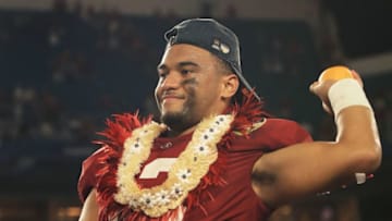 MIAMI, FL - DECEMBER 29: Tua Tagovailoa #13 of the Alabama Crimson Tide celebrates after the win over the Oklahoma Sooners during the College Football Playoff Semifinal at the Capital One Orange Bowl at Hard Rock Stadium on December 29, 2018 in Miami, Florida. (Photo by Mike Ehrmann/Getty Images)