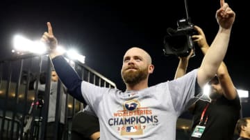 LOS ANGELES, CA - NOVEMBER 01: Brian McCann #16 of the Houston Astros celebrates after defeating the Los Angeles Dodgers 5-1 in game seven to win the 2017 World Series at Dodger Stadium on November 1, 2017 in Los Angeles, California. (Photo by Ezra Shaw/Getty Images)