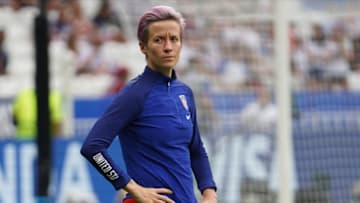 LYON, FRANCE - JULY 02: Megan Rapinoe of USA looks on prior the 2019 FIFA Women's World Cup France Semi Final match between England and USA at Stade de Lyon on July 2, 2019 in Lyon, France. (Photo by Daniela Porcelli/Getty Images)