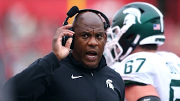 PISCATAWAY, NJ - OCTOBER 09 : Head coach Mel Tucker of the Michigan State Spartans reacts on the sidelines during the second half of a game against the Rutgers Scarlet Knights at SHI Stadium on October 9, 2021 in Piscataway, New Jersey. Michigan State defeated Rutgers 31-13. (Photo by Rich Schultz/Getty Images)