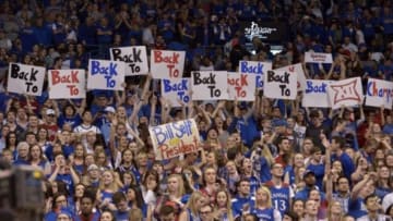 Feb 27, 2016; Lawrence, KS, USA; Kansas Jayhawks fans cheer from the stands after the Jayhawks defeating the Texas Tech Red Raiders 67-58 winning their twelfth consecutive Big 12 titles at Allen Fieldhouse. Mandatory Credit: Denny Medley-USA TODAY Sports