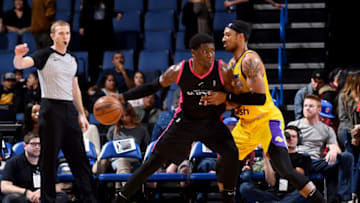 ONTARIO, CA - MARCH 9: Angel Delgado #31 of the Agua Caliente Clippers of Ontario posts up against Justin Harper #32 of the South Bay Lakers on March 9, 2019 at Citizens Business Bank Arena in Ontario, California. NOTE TO USER: User expressly acknowledges and agrees that, by downloading and/or using this photograph, User is consenting to the terms and conditions of Getty Images License Agreement. Mandatory Copyright Notice: Copyright 2019 NBAE (Photo by Juan Ocampo/NBAE via Getty Images)